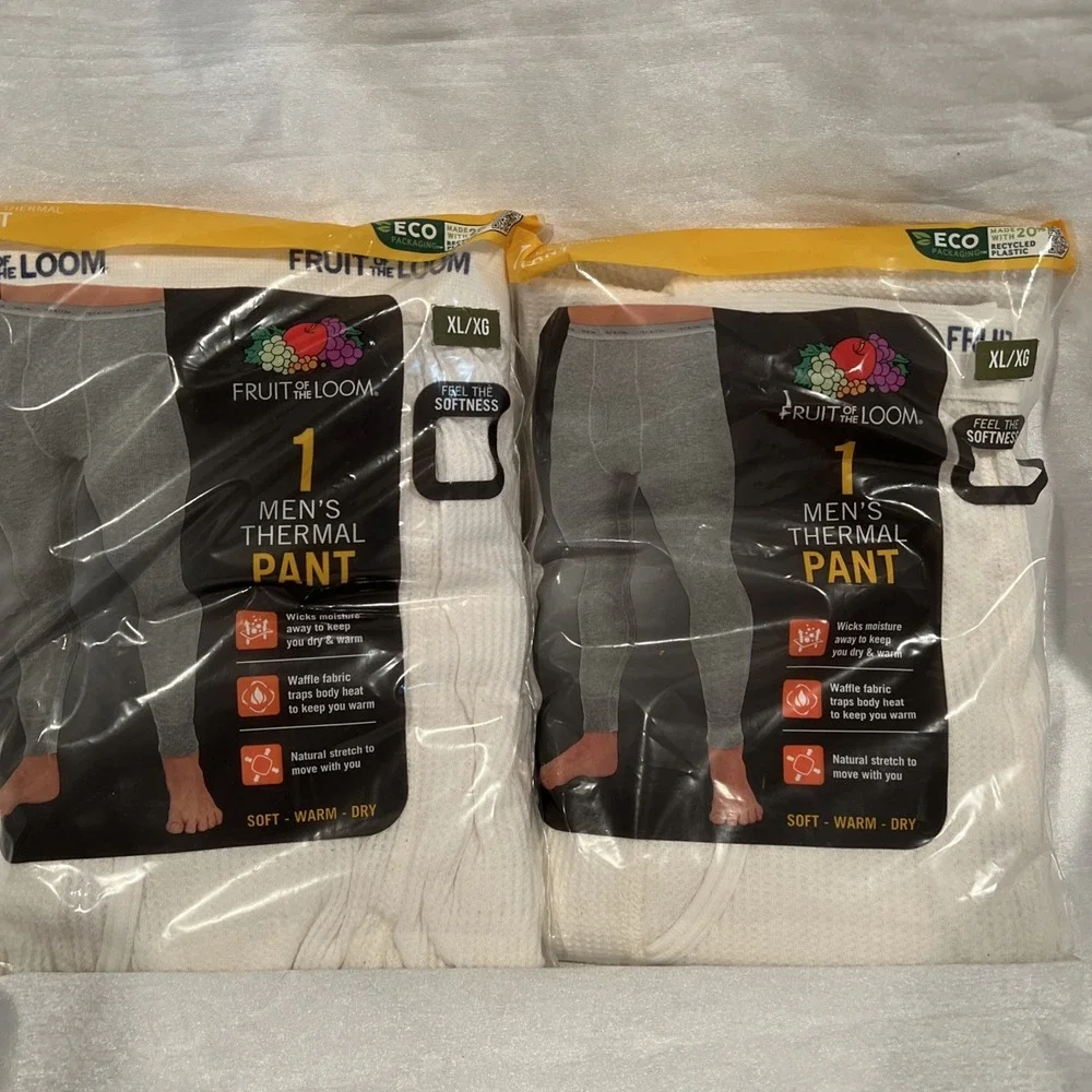 2pr Fruit of The Loom Mens White  Thermal Waffle Baselayer Pants Size XL‎ 40-42